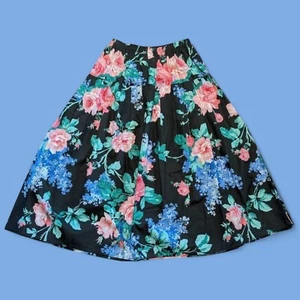 VINTAGE pink rose thorns & blue hydrangea flower skirt 90s midi womens Small 3E - Picture 1 of 9