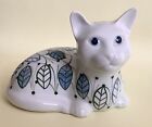 Vintage Pottery Laying Down Cat, Green & Blue Leaf Pattern, Excellent Condition