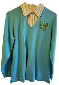 Quacker Factory Sweater S Womens Turquoise Polo Embellished Butterfly Bling - Foto 1 di 10