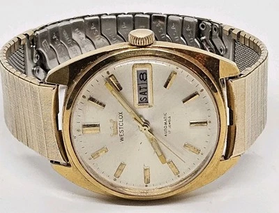 Relógio de pulso masculino vintage WESTCLOX automático 17 joias dia/data peças/reparo - Imagem 1 de 4