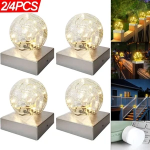 2/4x Solar Crackle Deck Cap Glass Ball Post Led Lights Garden For Outdoor Use - Picture 1 of 18