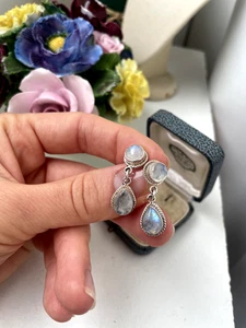 VINTAGE MODERNIST 925 SOLID STERLING SILVER MOONSTONE STUD DANGLE EARRINGS - Picture 1 of 14