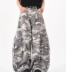 Men's Gray Camouflage Wide Leg Loose Fit Cargo Pockets Pants Trousers Hip Hop - Picture 1 of 25