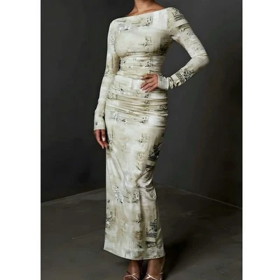 $255 HOUSE OF CB Lanetta Long Sleeve Maxi Dress, Pale Sage Print, XS - Image 1 of 4