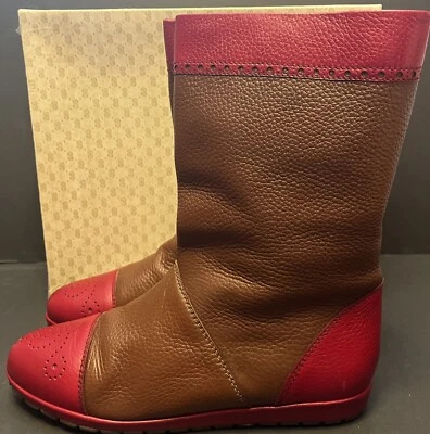 Gucci Vintage Pebbled Leather Boots 2 Tone Brown & Red Pull On Style Size 39 - Image 1 of 4