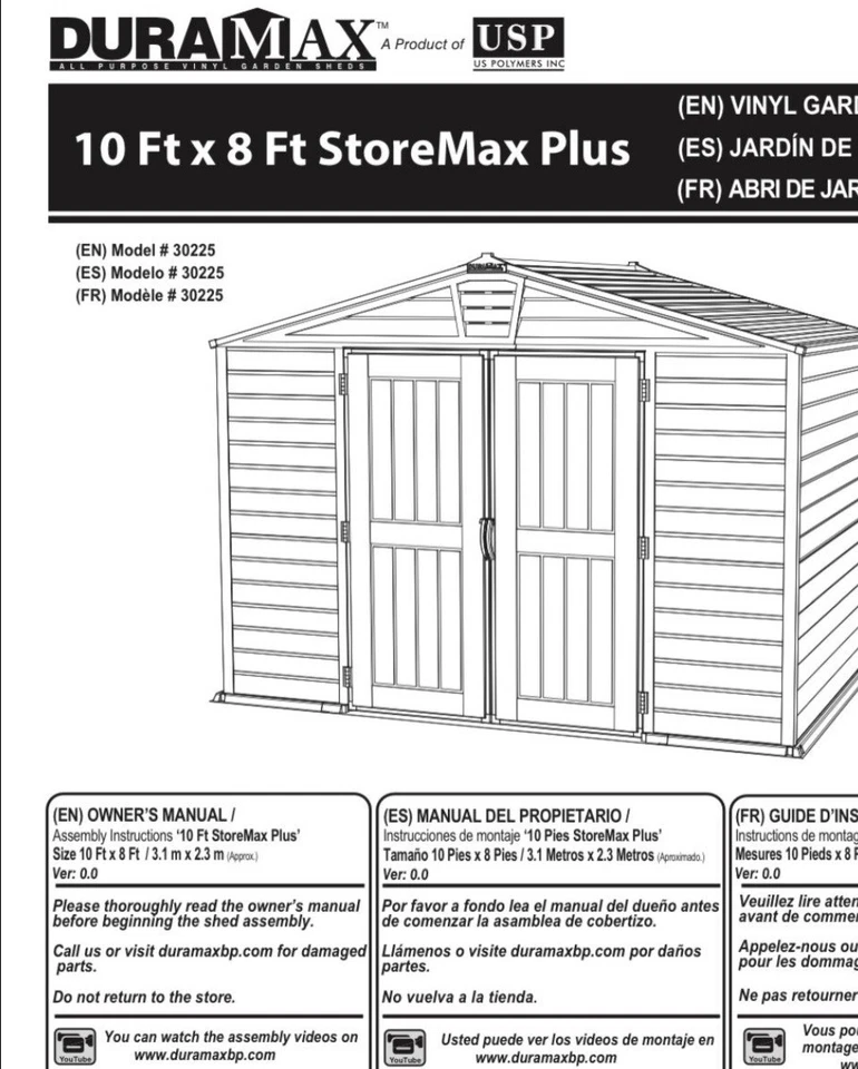 Galpão de vinil Duramax storemax plus 10’x 8’ modelo 30225 apenas manual de instruções - Imagem 1 de 1