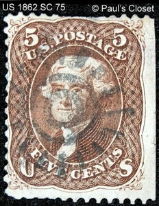 US 5¢ T. JEFFERSON DARK RED BROWN SC 75 UNG 1862 SUN FANCY CNX FINE  SCV $425 - Picture 1 of 2