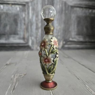 Ornate Vintage Perfume Bottle Frosted Glass Jeweled with Dauber 4” Tall - Image 1 of 4
