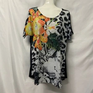 JM Collection Top Blouse Pullover Animal Print Floral Bling XL Round Neck - Picture 1 of 8