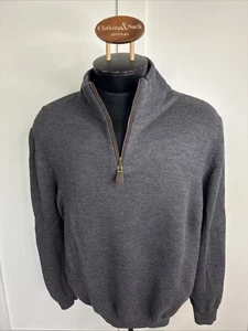 Viyella 1/4 Zip Pullover Merino Wool Knit Sweater Mens Size XL Gray Leather Trim - Picture 1 of 6