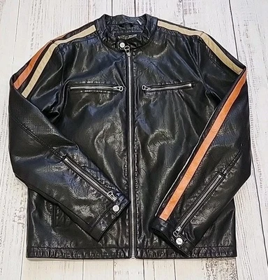 Wilson's Cycle Men’s Med Black Cafe Striped Racer Faux Leather Motorcycle Jacket - Image 1 of 4