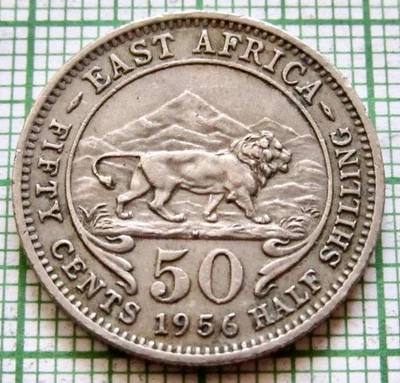 BRITISH EAST AFRICA ELIZABETH II 1956 50 CENTS, LION & MOUNTAINS km# 36 - Image 1 of 4