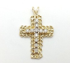 14k Yellow Gold Small .11ct Diamond Double Cross Crucifix Stencil 1' In Pendant