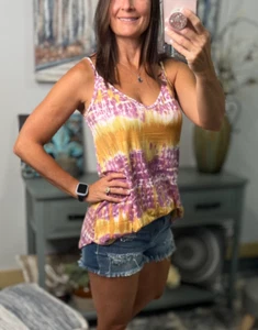 Reversible Tie Dye Low Scoop V Neck Tank Shirt Summer Retro 70s Purple Yellow - Picture 1 of 15