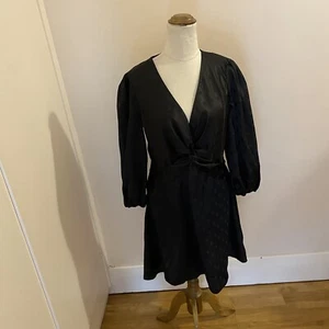 River Island Dress Womens Size 12 Black Satin Polka Dot Party V-Neck 3/4 Sleeve - Picture 1 of 14