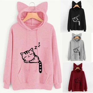 Women Blouse Cute Girl Cat Ear Hoodie Sweatshirt Casual Long Sleeve Pullover - Picture 1 of 14