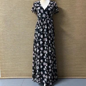 Forever 21 Dress Juniors Small Black Pink Floral Chiffon Maxi Wrap Dress V-neck - Picture 1 of 11
