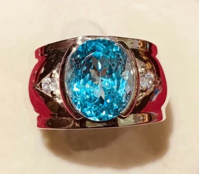 Natural Blue Topaz Gemstone with 14K White Gold Plated Silver Ring for Men AJ510 - Image 1 of 4
