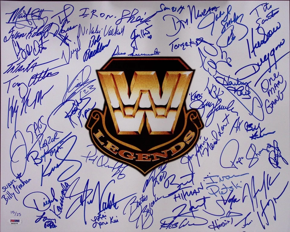 Bret Hart Hulk Hogan Shawn Michaels +46 WWE Legends Signed 16x20 Photo PSA/DNA - Image 1 of 4