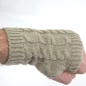 Women's Fishermans Cable Knit Fingerless Mittens Beige Gloves Winter Warm 7.5" - Picture 1 of 5