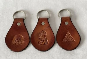 3 x Brown Leather Keyrings With Different Embossed Stamped Designs #MM6 - Picture 1 of 6