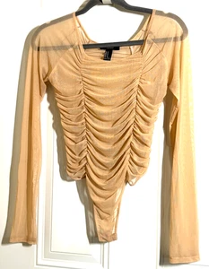 Forever 21 Mesh Long Sleeve Ruched Tan Beige Sheer Bodysuit Women's Size Medium - Picture 1 of 7