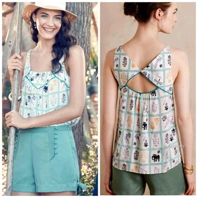 Топ безрукавка Anthropologie Maeve Elephant Dragonfly BlockPrint размер большая замочная скважина сзади - Изображение 1 из 4