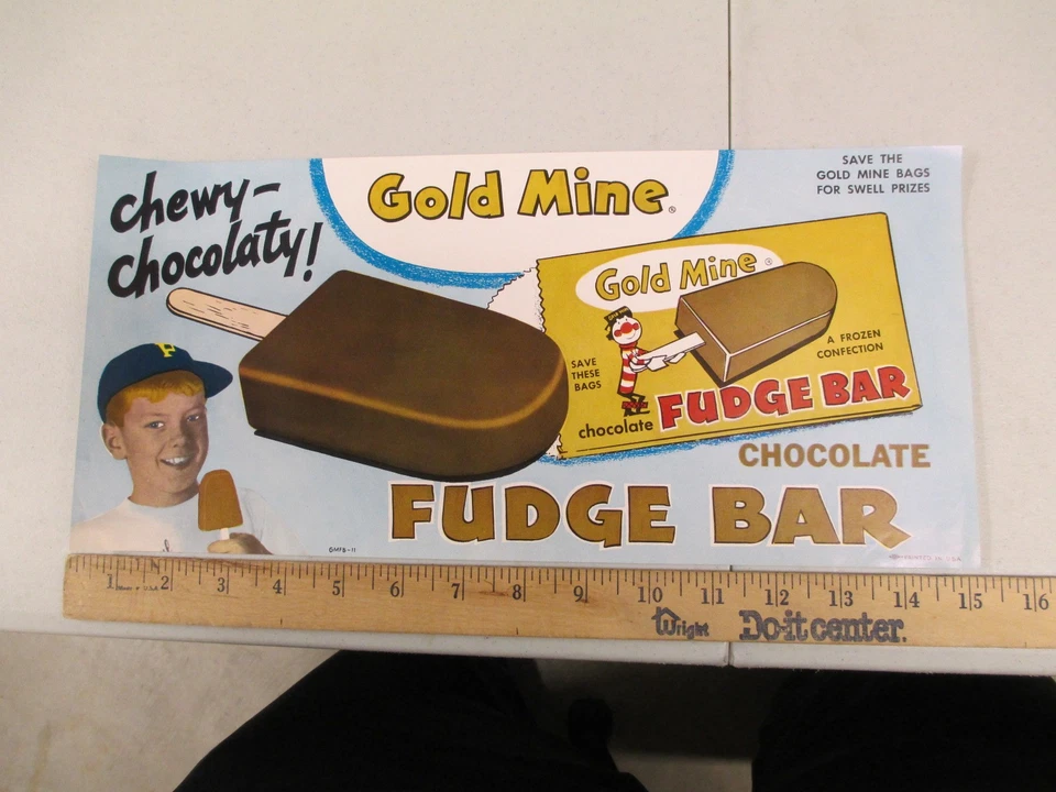 Cartel cartel de exhibición de heladería Gold Mine FUDGE BAR AÑOS 60 béisbol niño payaso Foto 1 de 1