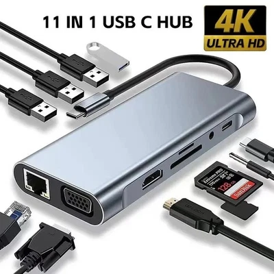 11 in 1 USB Typ C Hub Docking Station Dual HDMI Display PD VGA USB 3.0 RJ45 Port - Bild 1 von 4