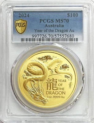2024 GOLD AUSTRALIA 1oz $100 LUNAR YEAR OF THE DRAGON COIN PCGS MS 70 - Image 1 of 3