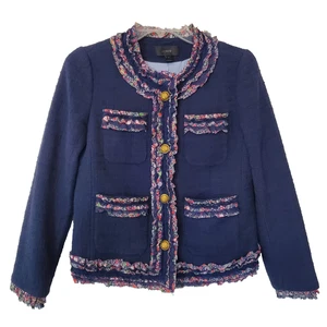 J Crew Lady Jacket Blazer Liberty Floral Trim Tweed Preppy Navy Blue Womens 2 - Picture 1 of 24