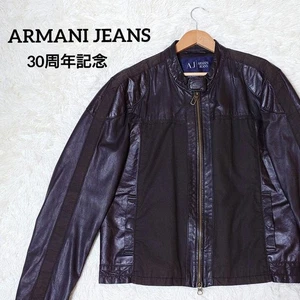 Armani Jeans L Genuine Leather Cotton Black Leather Jacket 30th Limited Used - Picture 1 of 12