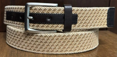 Tommy Bahama Brown Leather Ends Canvas Belt Stainless Bkl Sz 38 1-3/8”Wide VGUC  - Imagem 1 de 4