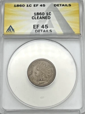 1860 Indian Head Cent Penny ANACS EF45 XF45 Graded USA Round Bust Extra Fine - Image 1 of 2