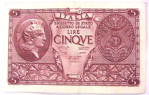 1944 Italy 5 Lire Ch VF Italian WWII Banknote Italia Currency Paper Money P-31c