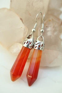 Red Agate Chakra Earrings Healing Reiki Crystal Point Dangle Drop 2" - Picture 1 of 1