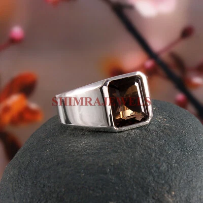 Piedras preciosas de cuarzo ahumado natural con anillo de plata de ley 925 para hombre #383 Foto 1 de 3