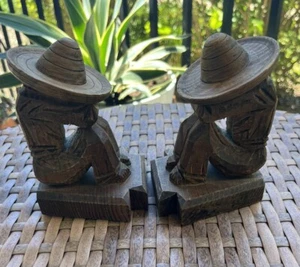 Vintage Wooden Carved Set Of Mexican Sombrero Bookends 4” X 3” - Picture 1 of 8