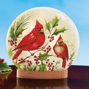 LED Lighted Cardinals Perched on Branch Frosted Glass Sphere Table Lamp w/ Base - Picture 1 of 3