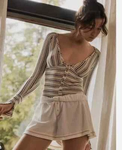 Free People Bodysuit M Intimately Free Thermal Button Front Boho Striped Knit - Picture 1 of 9