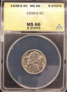1938-S JEFFERSON NICKEL MS66 5 PASSI ANACS (X367) - Foto 1 di 2