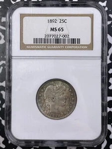 1892 U.S. 25 Cents Barber Quarter NGC MS65 Lot#G9556 Silver! Gem BU! - Picture 1 of 3