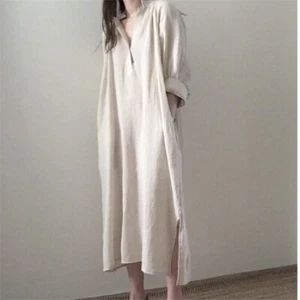 Women's Fashion Cotton Linen Shirt Dresses Long Maxi V-Neck Loose Soft Apricot - Picture 1 of 4