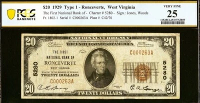 1929 $20 National Bank Ronceverte, West Virginia CH# 5280 PCGS 25 Top Pop finest - Image 1 of 4