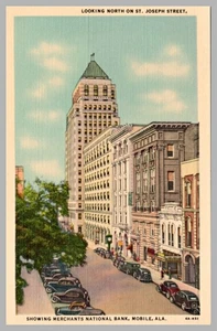 Looking North St. Joseph St. Merchant Bank Mobile Alabama Vintage Cars Postcard - Picture 1 of 2