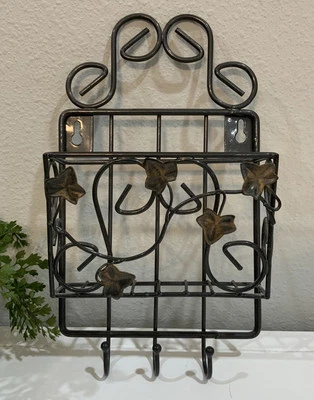 Vtg Coated Wrought Iron Scroll Leaf Mail Holder 3 Hook Wall Hanging Rack Key - Image 1 of 4
