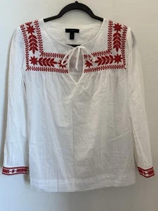J. Crew Peasant Top Gauze White Red Embroidery Long Sleeves Lightweight XXS - Picture 1 of 11