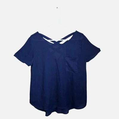 Lily White Sheer Blouse Size Medium Navy Blue Chiffon V-Neck Strappy Back  - Image 1 of 4