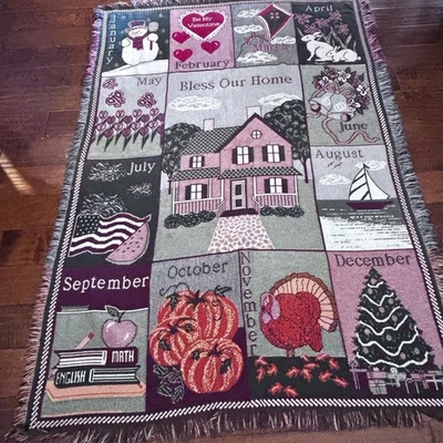 Cobertor antigo Bless Our Home algodão calendário meses tapeçaria 72”x 50” - Imagem 1 de 4