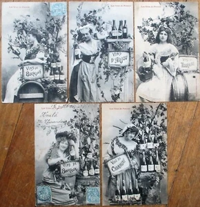 Vins/Wines of France 1904 SET FIVE Bergeret French Fantasy Postcards - Champagne - Picture 1 of 1